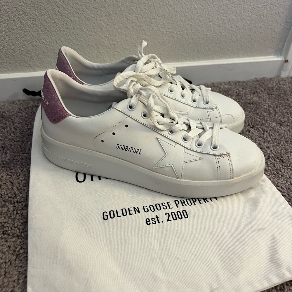 Golden Goose PureStar White & Pink Glitter Designer Luxury Sneakers Size 39